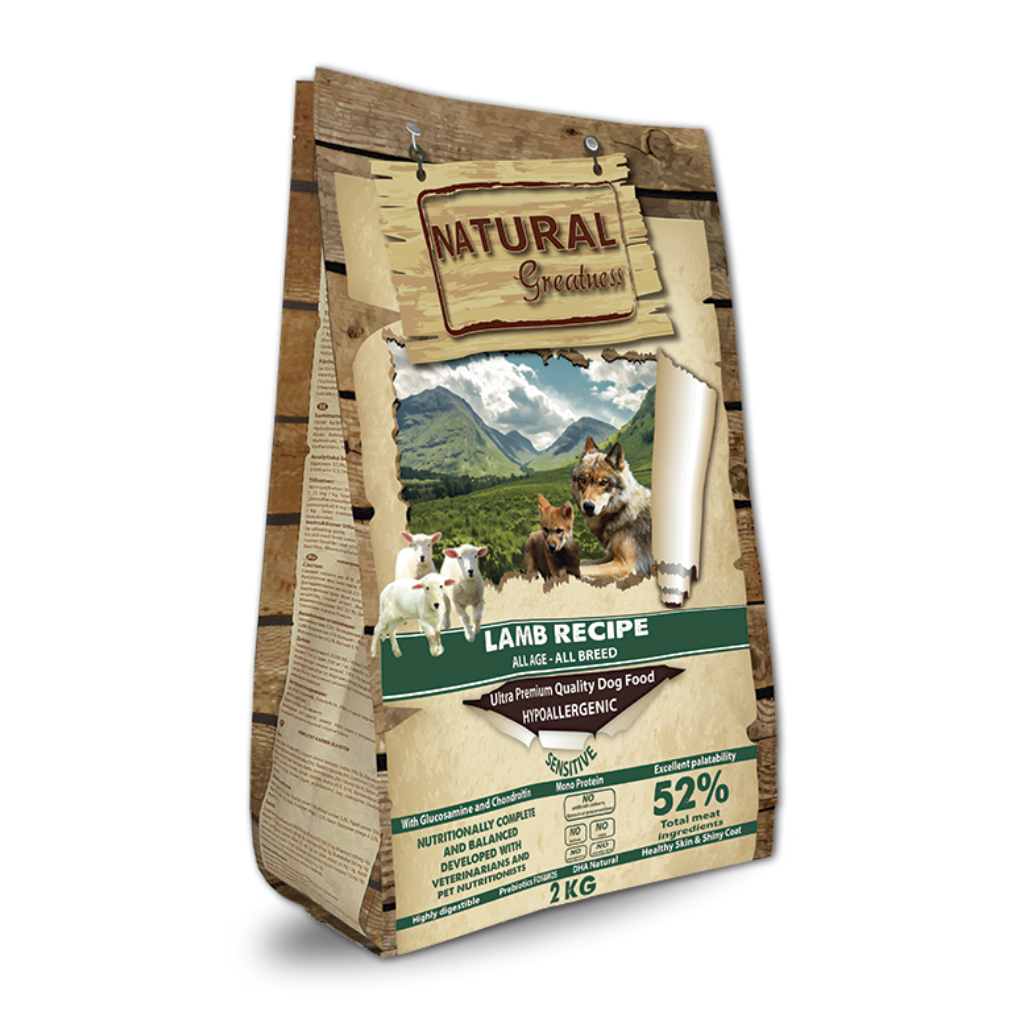 Kvalitetna monoproteinska naravna hrana za pse brez žitaric Natural Greatness s kvalitetnim mesom jagnjetine za mladiče in odrasle pse vseh pasem 2kg