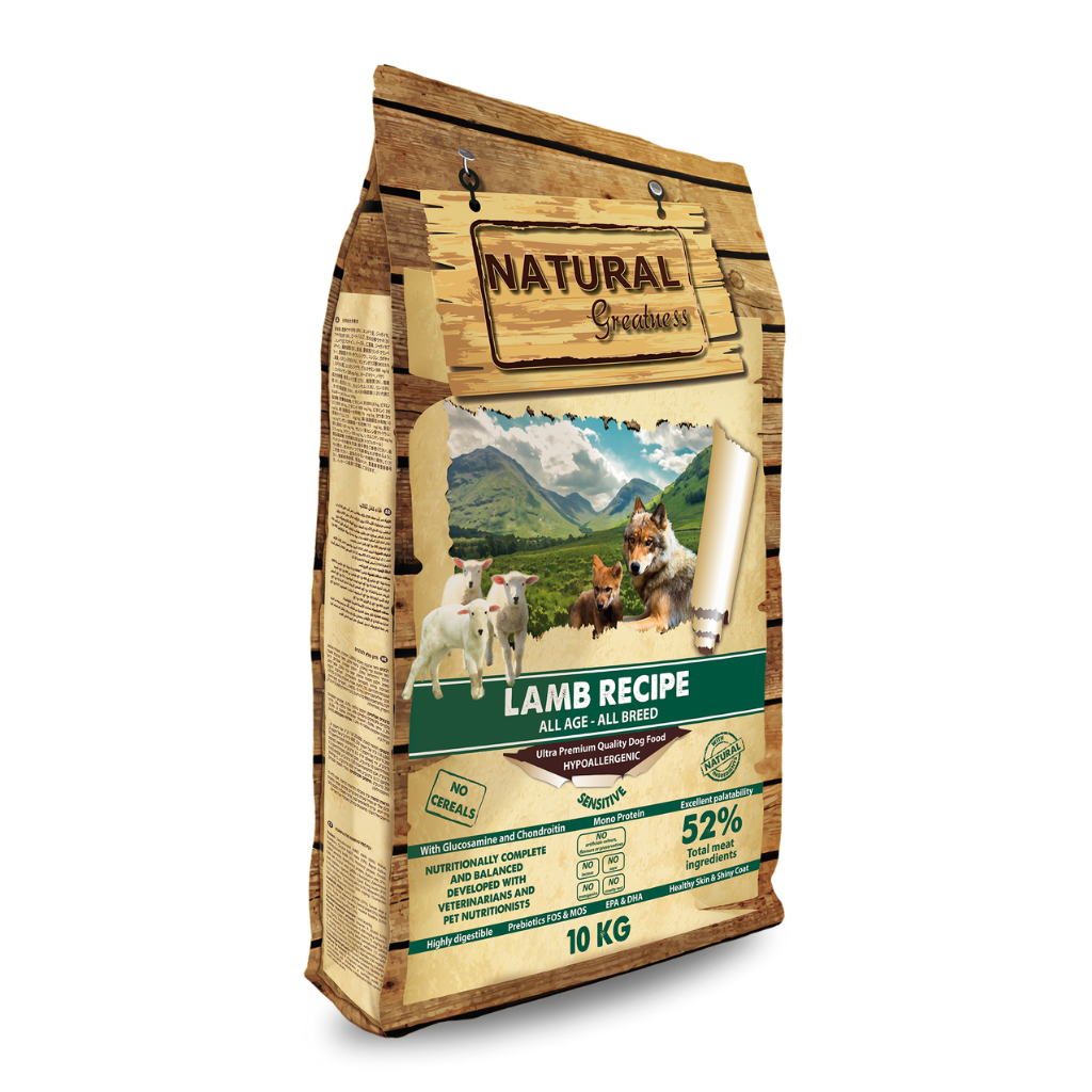 Kvalitetna monoproteinska naravna hrana za pse brez žitaric Natural Greatness s kvalitetnim mesom jagnjetine za mladiče in odrasle pse vseh pasem 10kg