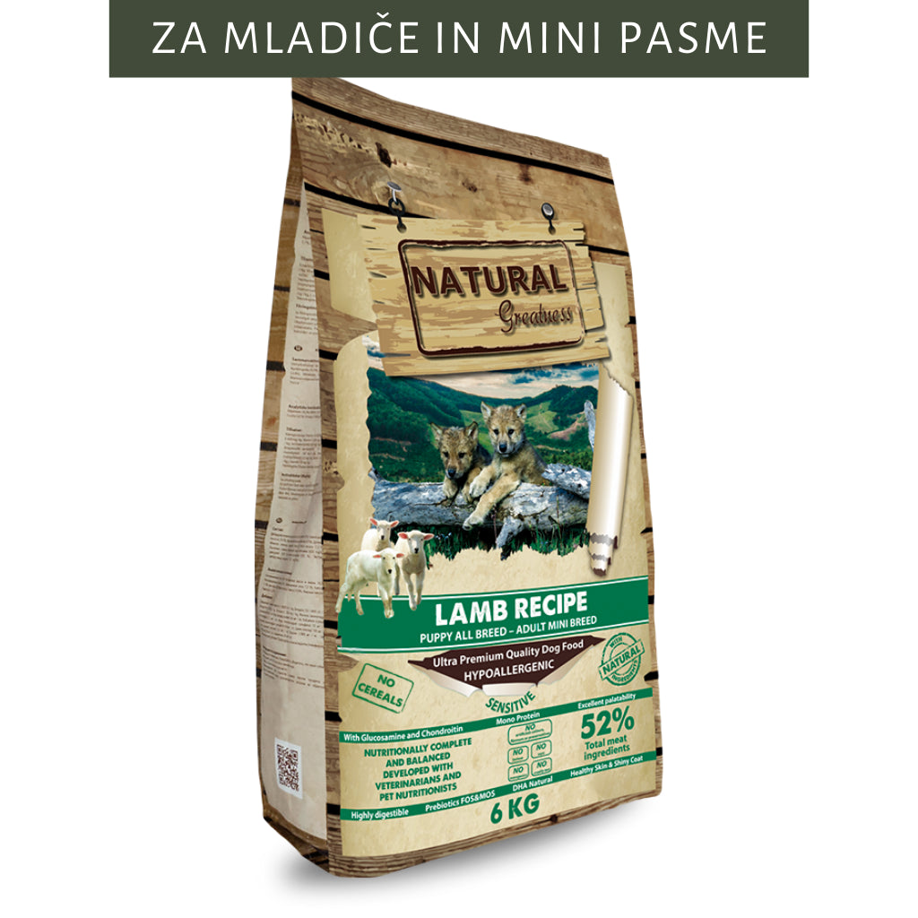 Kvalitetna monoproteinska naravna hrana za pse mladiče, brez žitaric Natural Greatness s kvalitetnim mesom jagnjetine. Hrana za mladiče in odrasle pse majhnih pasem 6kg