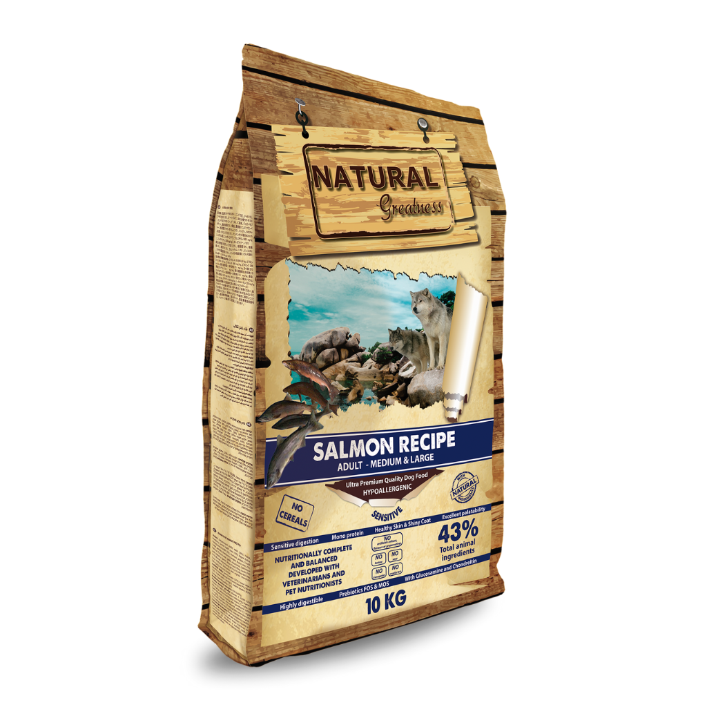Monoproteinska hrana za pse brez žitaric Natural Greatness z okusom lososa za odrasle pse srednjih in velikih pasem 10kg