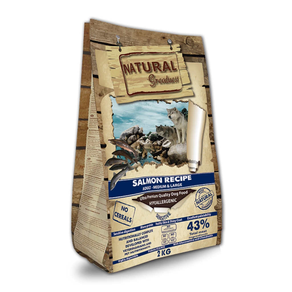 Monoproteinska hrana za pse brez žitaric Natural Greatness z okusom lososa za odrasle pse srednjih in velikih pasem 2kg