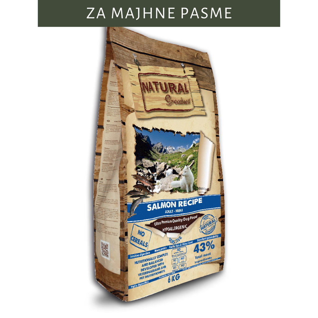 Monoproteinska hrana za pse brez žitaric Natural Greatness z okusom lososa za odrasle pse majhnih pasem 6kg
