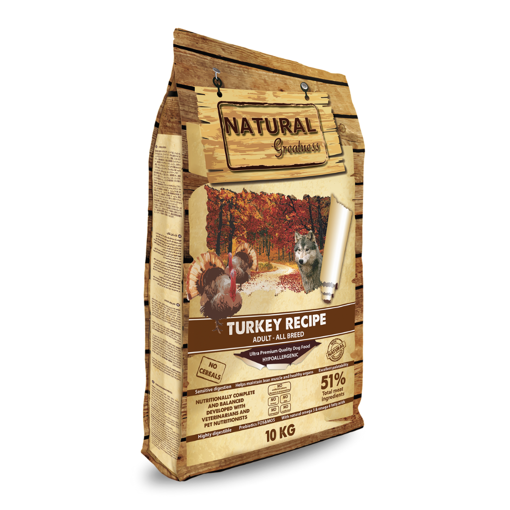Hrana za pse Natural Greatness z okusom purana za odrasle pse 10kg brez žitaric