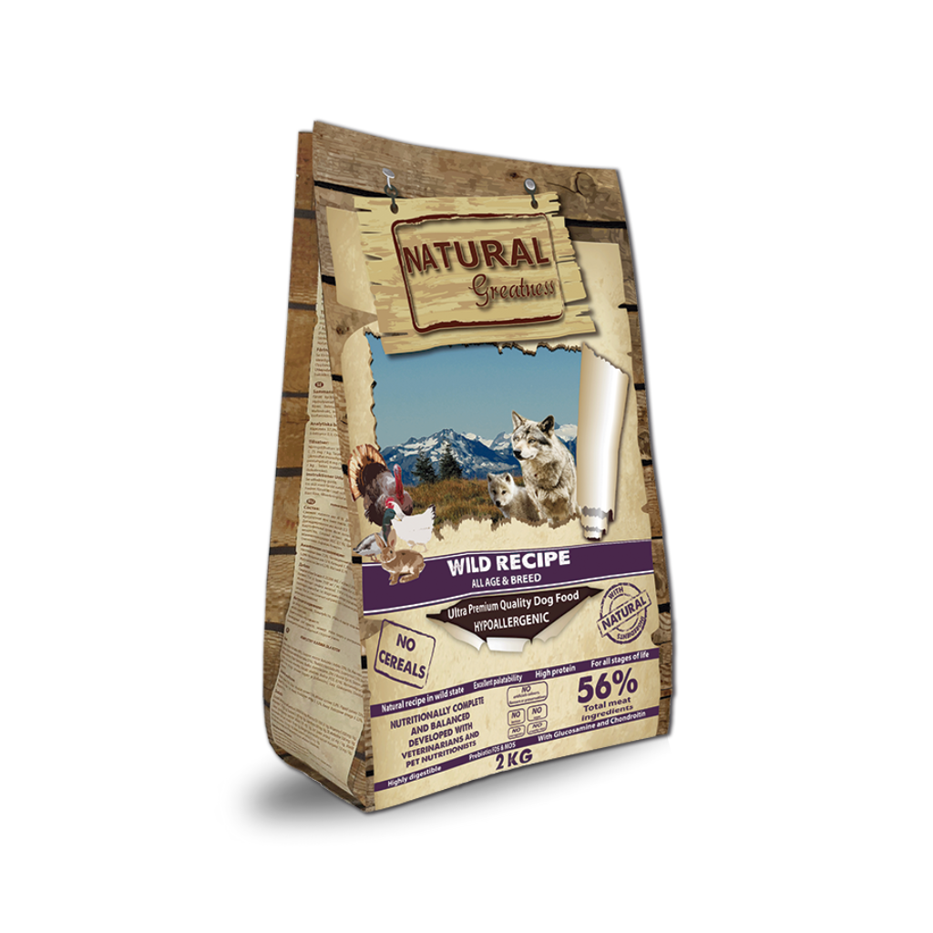 Naravna hrana za pse brez žitaric Natural Greatness s kvalitetnim mešanim mesom za odrasle pse vseh pasem 2kg