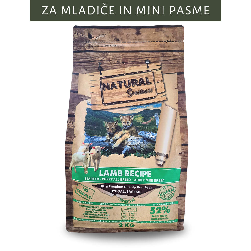 Kvalitetna monoproteinska naravna hrana za pse mladiče, brez žitaric Natural Greatness s kvalitetnim mesom jagnjetine. Hrana za mladiče in odrasle pse majhnih pasem 2kg