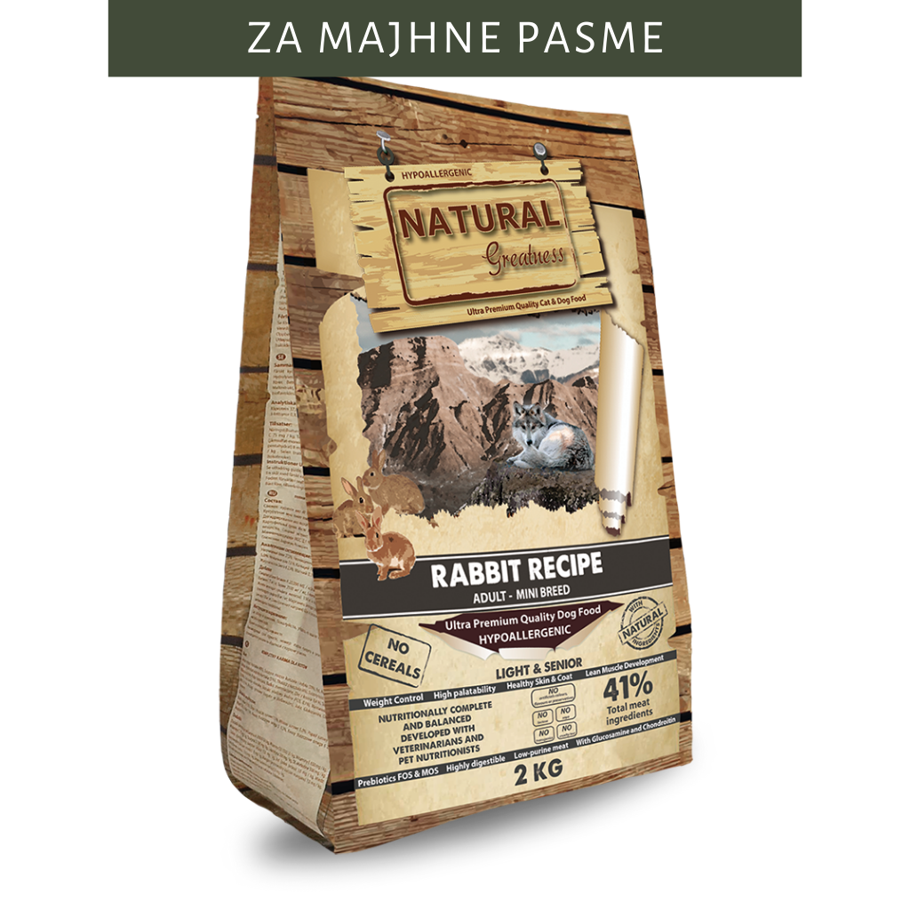 Hrana za pse s kuncem. Naravna, kvalitetna hrana za pse brez žitaric Natural Greatness s kvalitetnim mesom kunca. Hrana za odrasle pse majhnih pasem 2kg