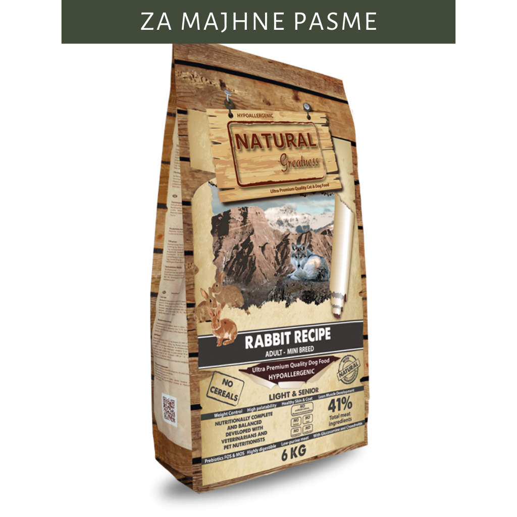 Hrana za pse s kuncem. Naravna, kvalitetna hrana za pse brez žitaric Natural Greatness s kvalitetnim mesom kunca. Hrana za odrasle pse majhnih pasem 6kg