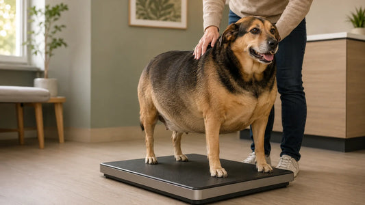 Pretežek pes na veterinarski tehtnici med spremljanjem hujšanja