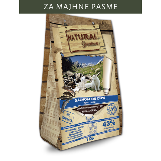 Monoproteinska hrana za pse brez žitaric Natural Greatness z okusom lososa za odrasle pse majhnih pasem 2kg